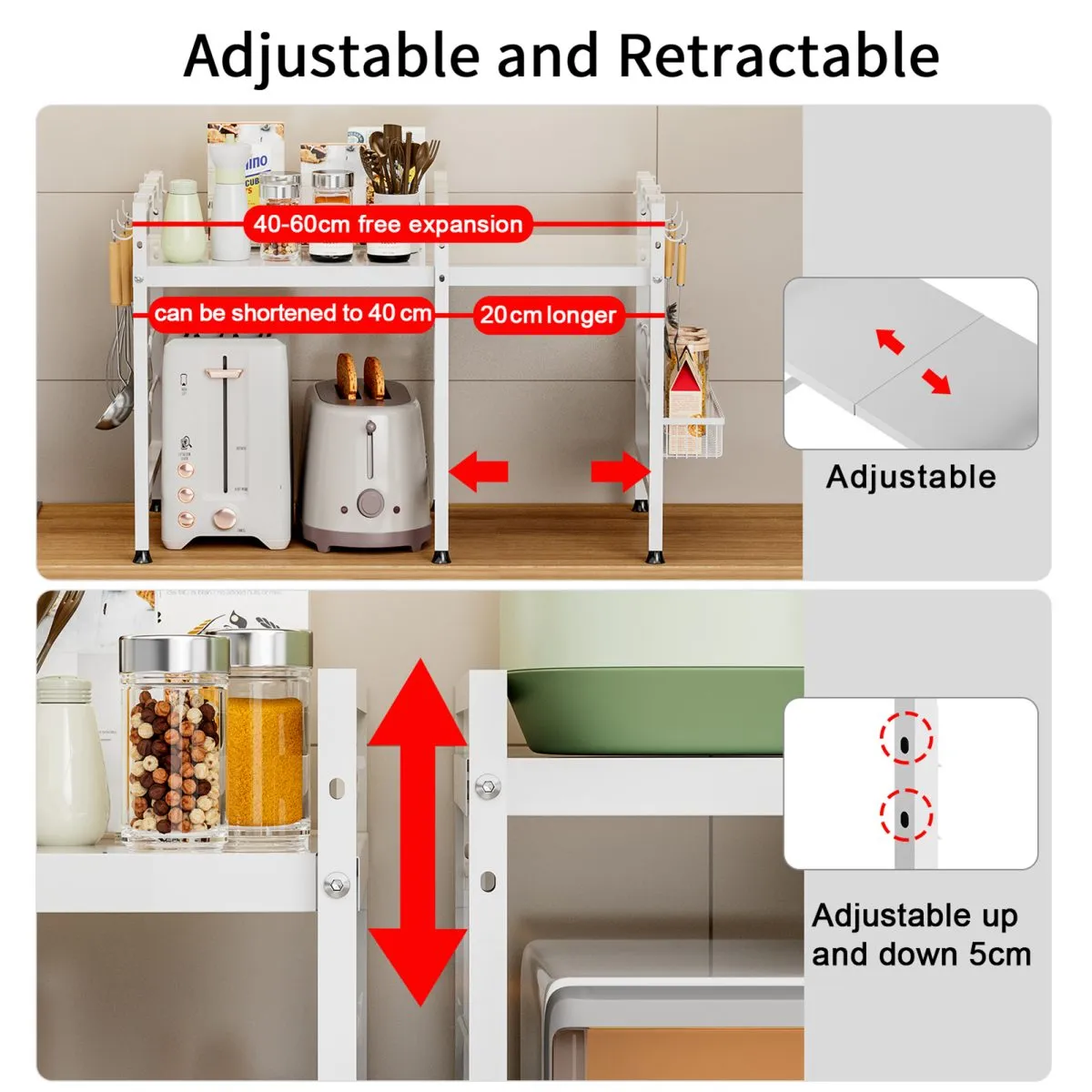 Microwave Stand Shelf, Extendable (15.7”-23.5") Microwave Oven Rack with Side Basket, Kitchen Counter Shelf 2-Tier with 6 Hooks, Max 110lbs Weight Capacity, Black… - Image 7