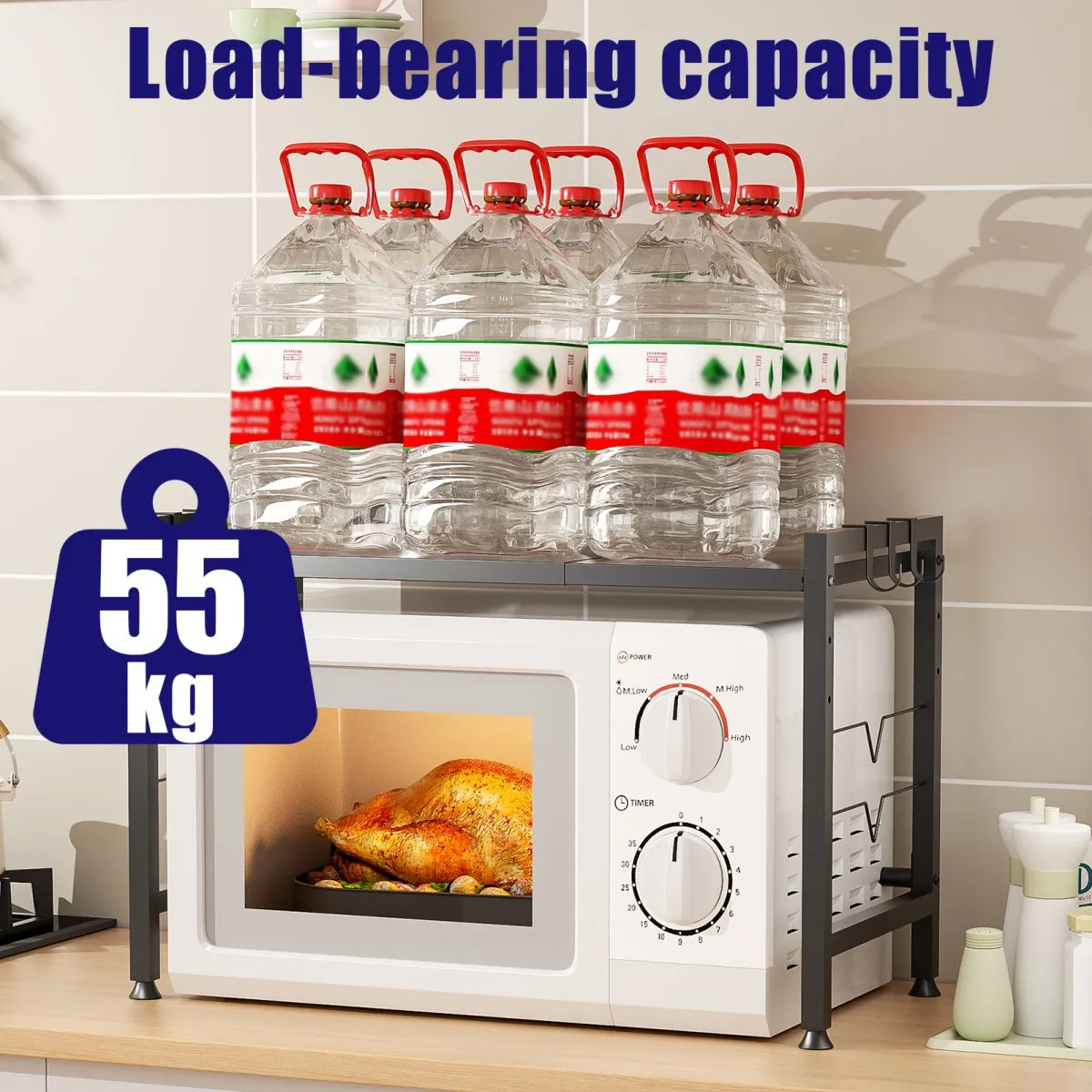 Microwave Stand Shelf, Extendable (15.7”-25.5") Microwave Oven Rack, Adjustable Kitchen Counter Shelf 2-Tier with 6 Hooks, Max 110lbs Weight Capacity, Black… - Image 6