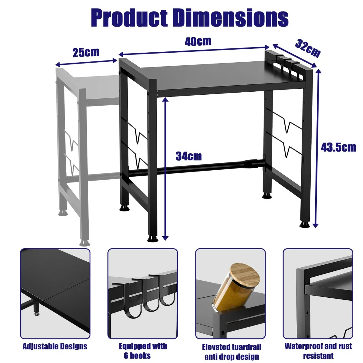 Microwave Stand Shelf, Extendable (15.7”-25.5") Microwave Oven Rack, Adjustable Kitchen Counter Shelf 2-Tier with 6 Hooks, Max 110lbs Weight Capacity, Black… - Image 4