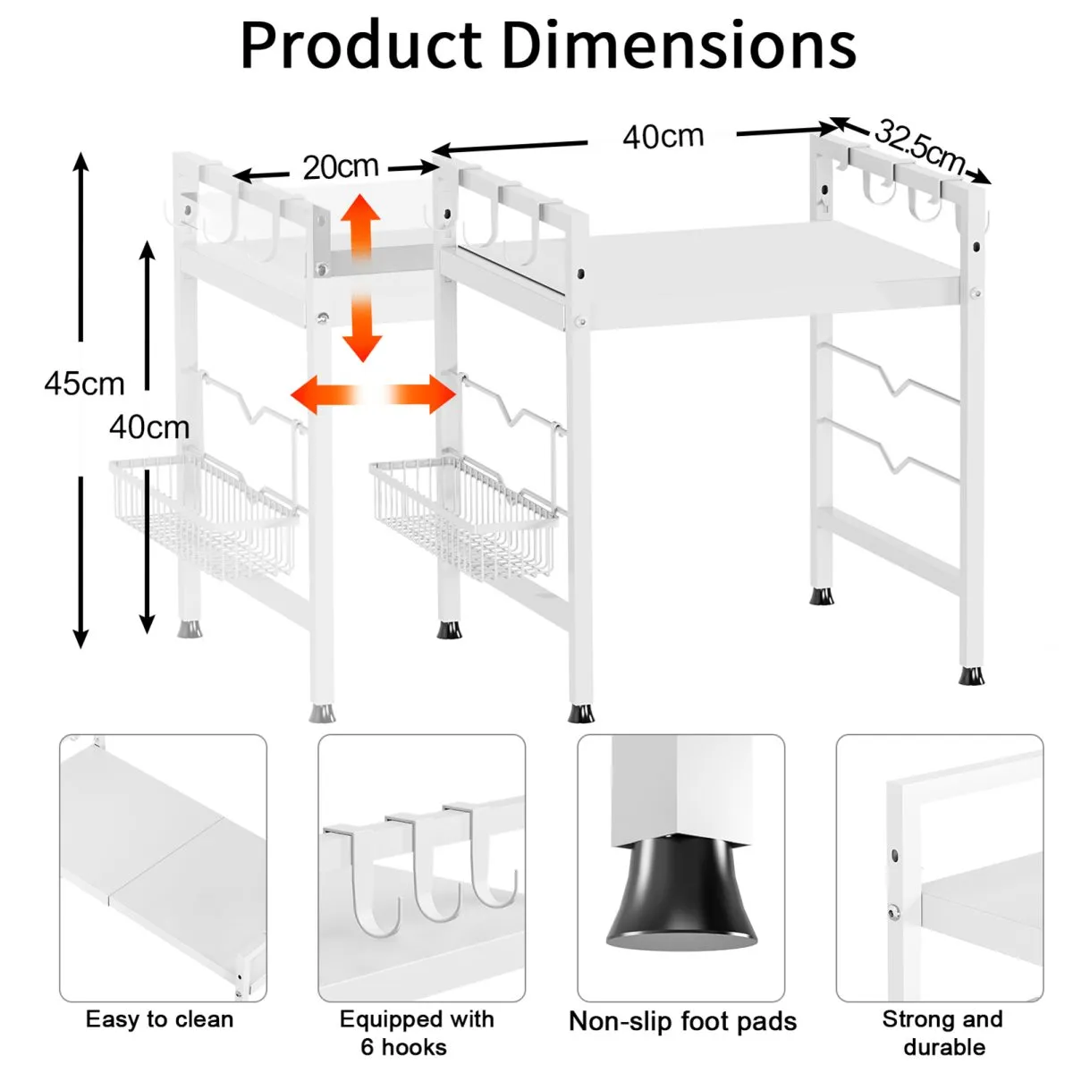 Microwave Stand Shelf, Extendable (15.7”-23.5") Microwave Oven Rack with Side Basket, Kitchen Counter Shelf 2-Tier with 6 Hooks, Max 110lbs Weight Capacity, Black… - Image 4