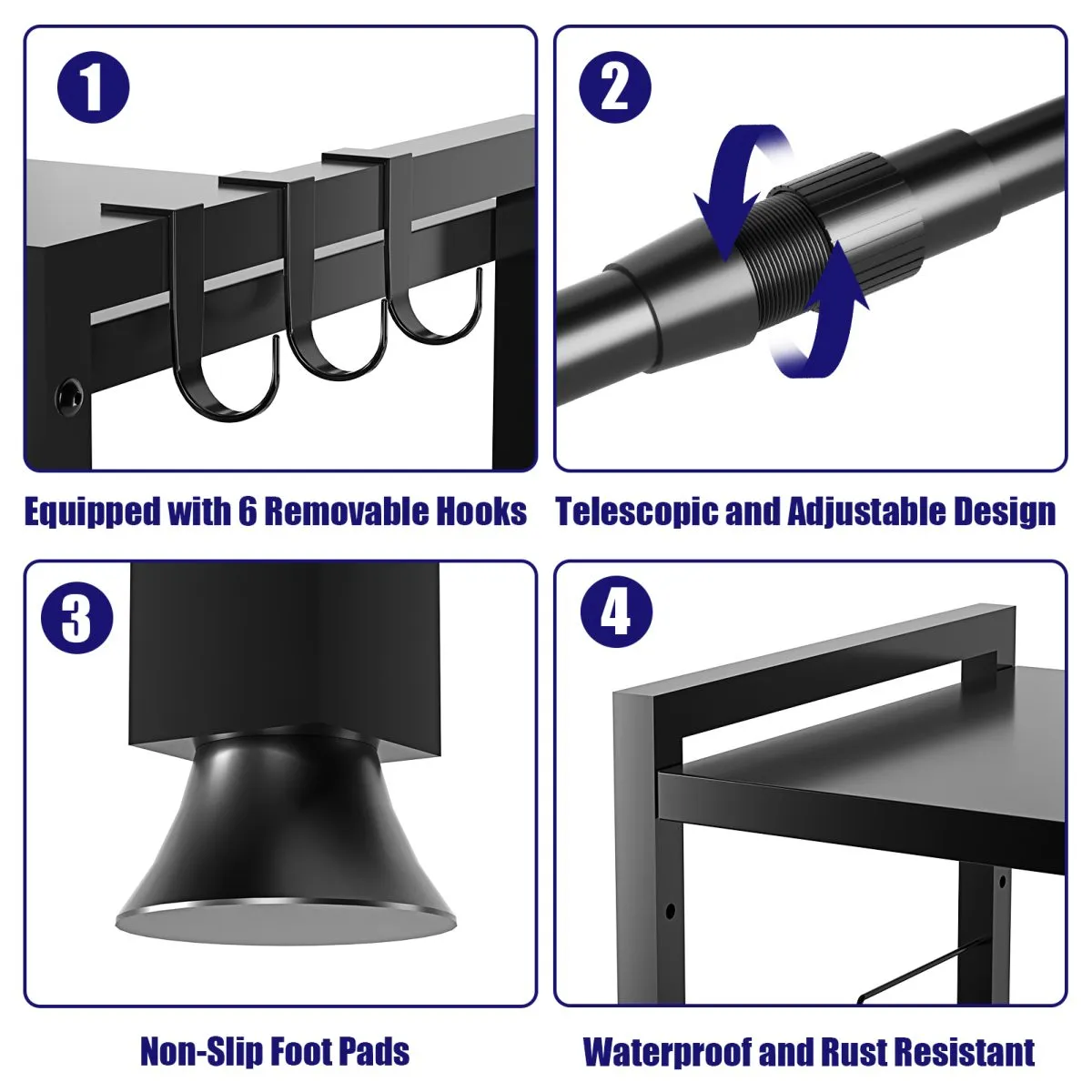 Microwave Stand Shelf, Extendable (15.7”-25.5") Microwave Oven Rack, Adjustable Kitchen Counter Shelf 2-Tier with 6 Hooks, Max 110lbs Weight Capacity, Black… - Image 3