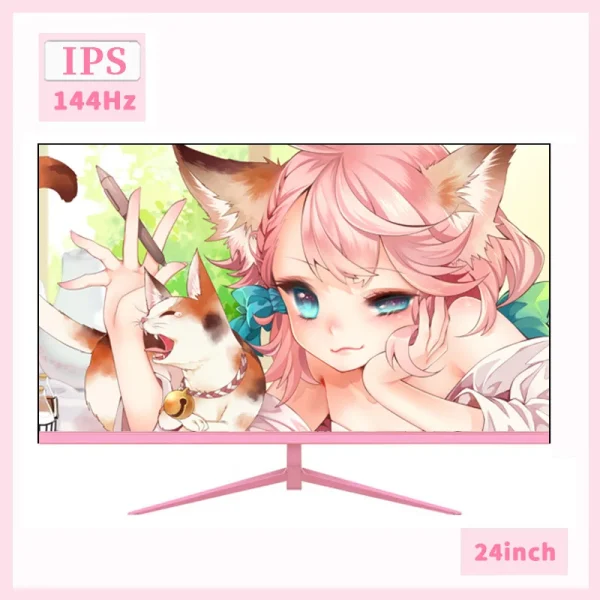 24Inch 144Hz Pink Monitor Flat Screen Computer Casing HD Desktop Gaming Display AMD FreeSync DP HDMI Interface Gift For Girls