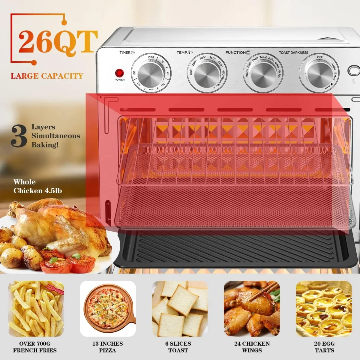 Air Fryer, 6 Slice 24.5QT Air Fryer Toaster Oven Combo, Air Fryer Oven,Roast, Bake, Broil, Reheat, Fry Oil-Free, Extra - Image 3
