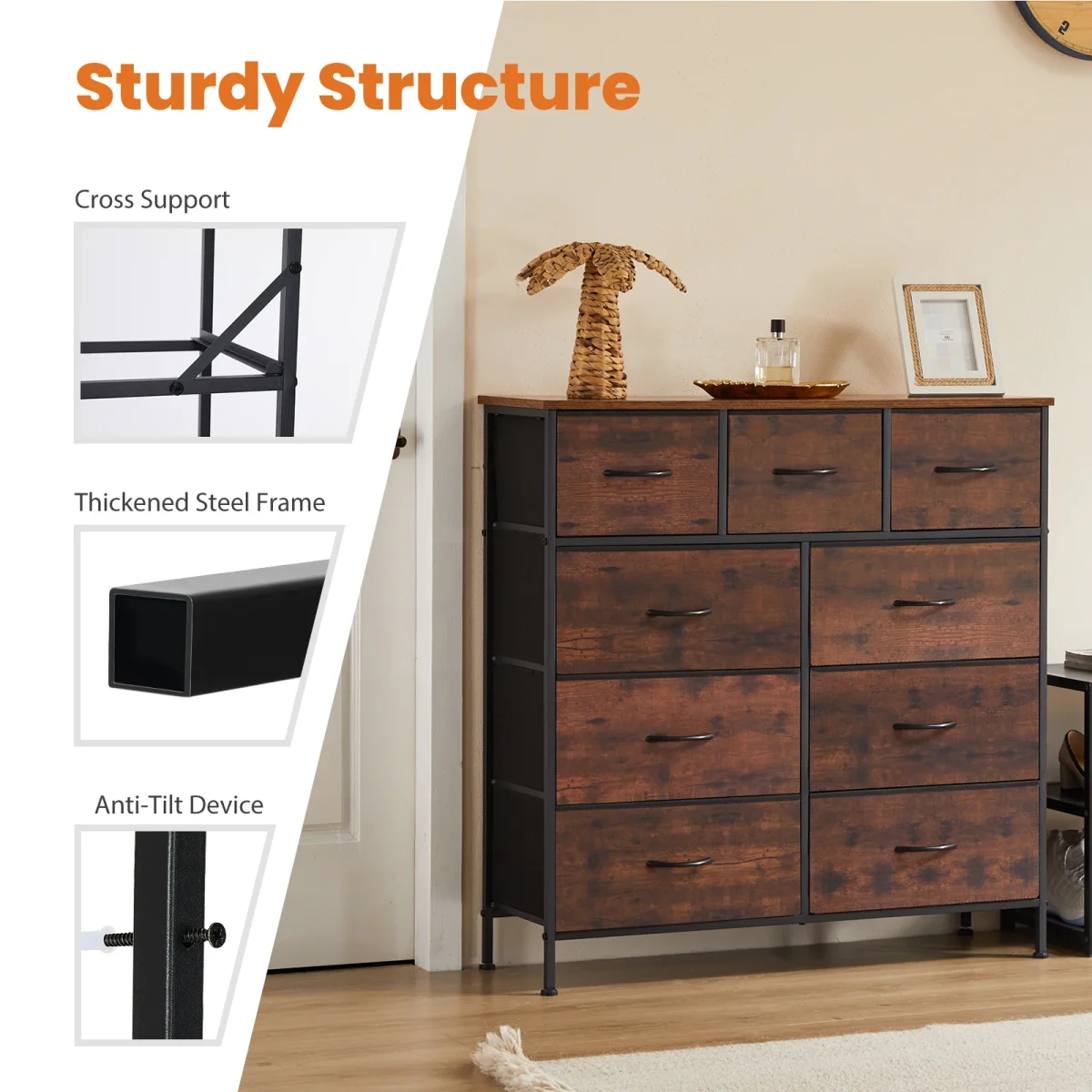 Dresser For Bedroom With 9 Fabric Drawers Wardrobe Steel Frame Assembly Closet For Clothes Storage Display Cabinet Of Furniture - Image 2