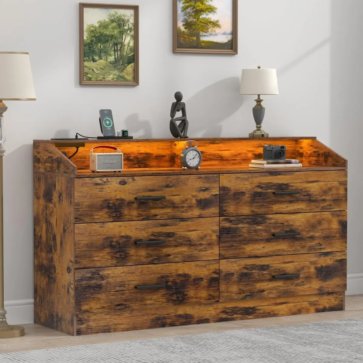 Dresser with Power Outlet, Chest of Drawers with LED Light, White Dresser Organizer with Open Storage Cubby, Modern Nightshatnd - Image 3