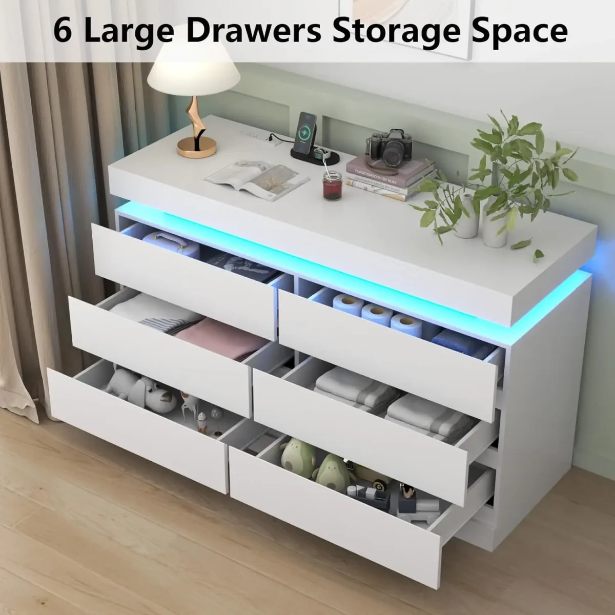 Dresser with Power Outlet, Chest of Drawers with LED Light, White Dresser Organizer with Open Storage Cubby, Modern Nightshatnd - Image 4