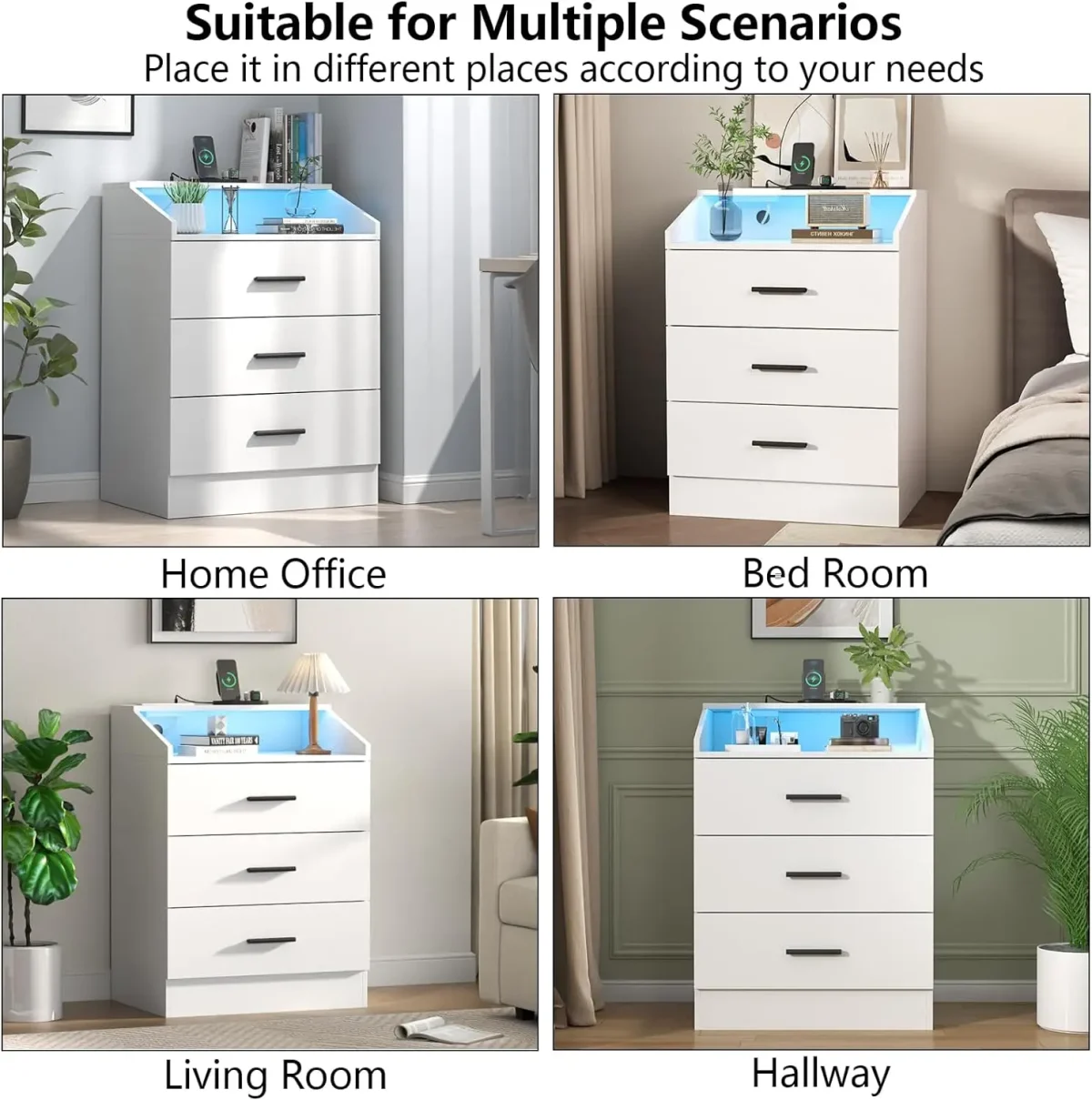 Dresser with Power Outlet, Chest of Drawers with LED Light, White Dresser Organizer with Open Storage Cubby, Modern Nightshatnd - Image 5