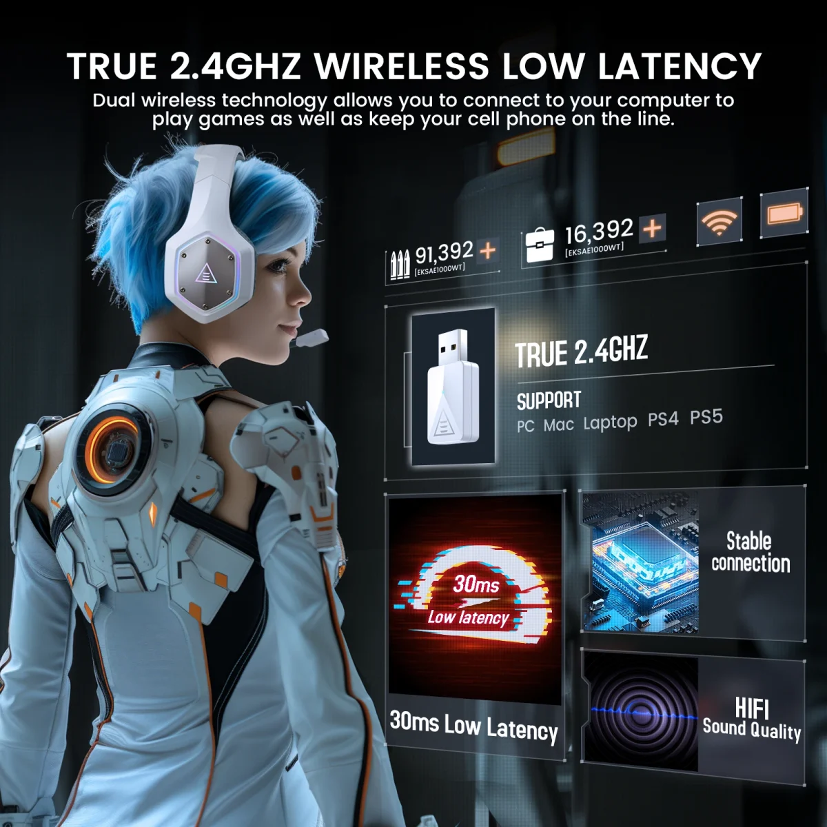 EKSA E1000 WT 2.4G Low Latency Wireless Gaming Headphones for PC/PS4/PS5/Xbox, Wired Headset Gamer with ENC Noise Cancelling Mic - Image 2