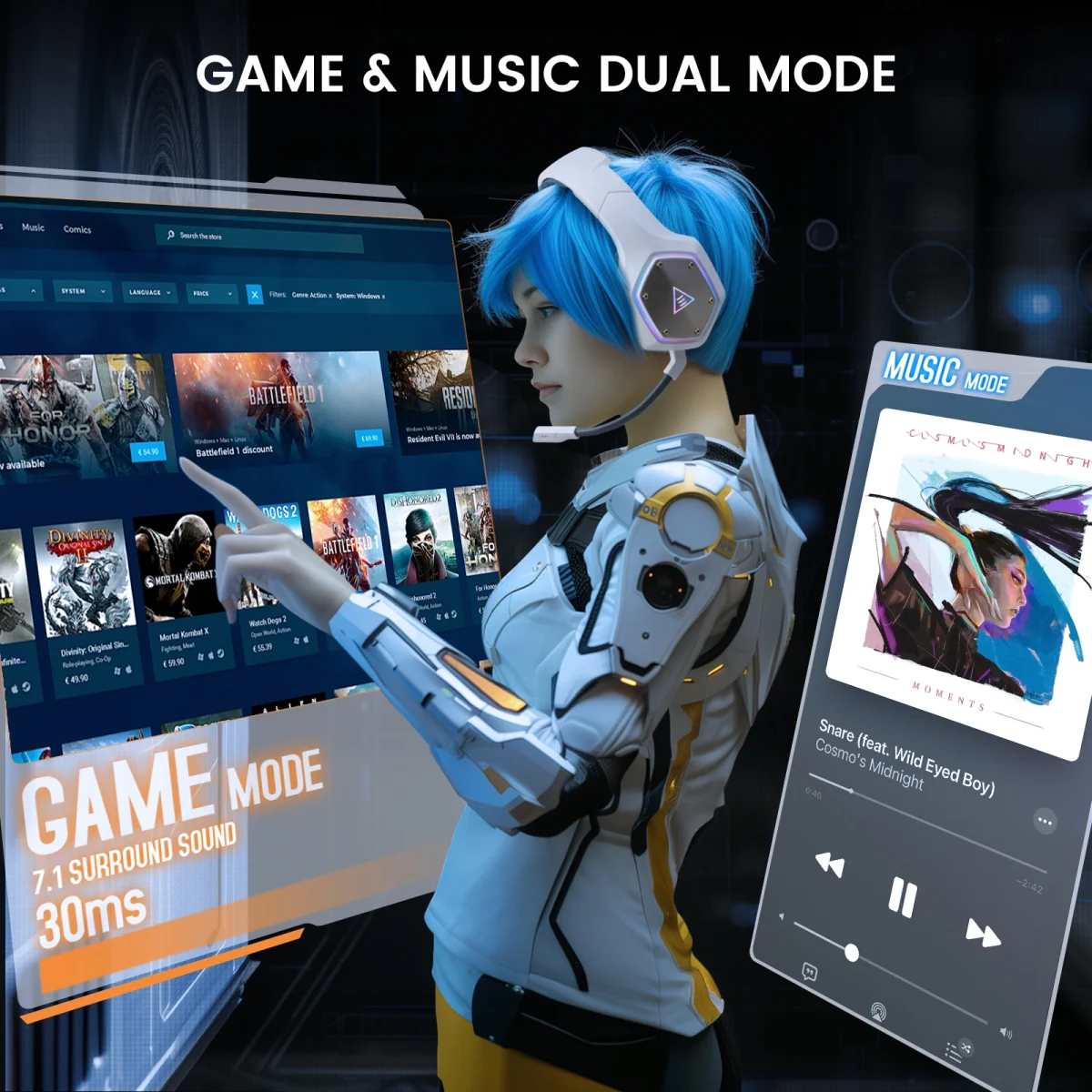EKSA E1000 WT 2.4G Low Latency Wireless Gaming Headphones for PC/PS4/PS5/Xbox, Wired Headset Gamer with ENC Noise Cancelling Mic - Image 3