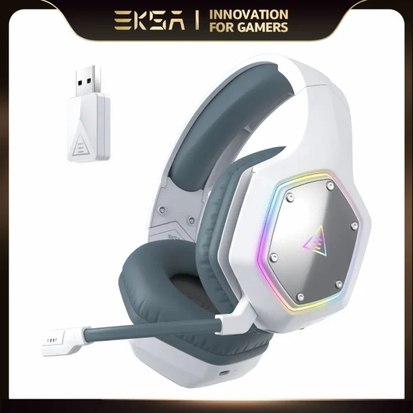 EKSA E1000 WT 2.4G Low Latency Wireless Gaming Headphones for PC/PS4/PS5/Xbox, Wired Headset Gamer with ENC Noise Cancelling Mic