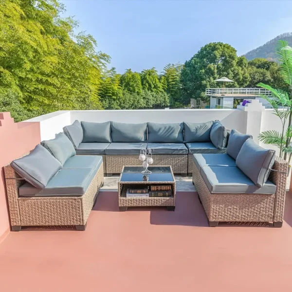 Garden Furniture 9 Pieces Set, Patio Furniture Set with Storage Table and Cushions, All-Weather Couch Sofa, Garden Furniture Set