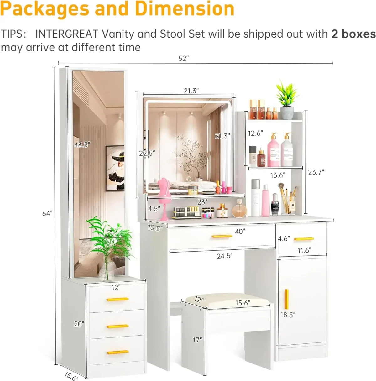 INTERGREAT Makeup Vanity Desk with Lights and Full-Length Mirror, White Vanity Table Set with 3 Lighting Modes, Dressing Table - Image 6