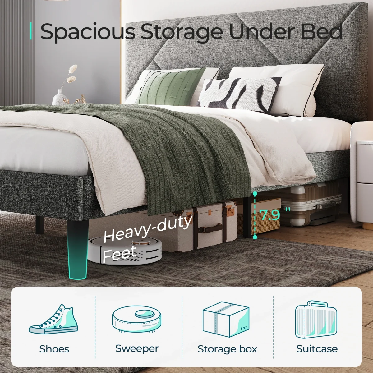 LINSY HOME Queen Bed Frame with Adjustable Headboard, Linen Upholster Bed Frame with Wooden Slats Support, NO Box Spring Needed - Image 2