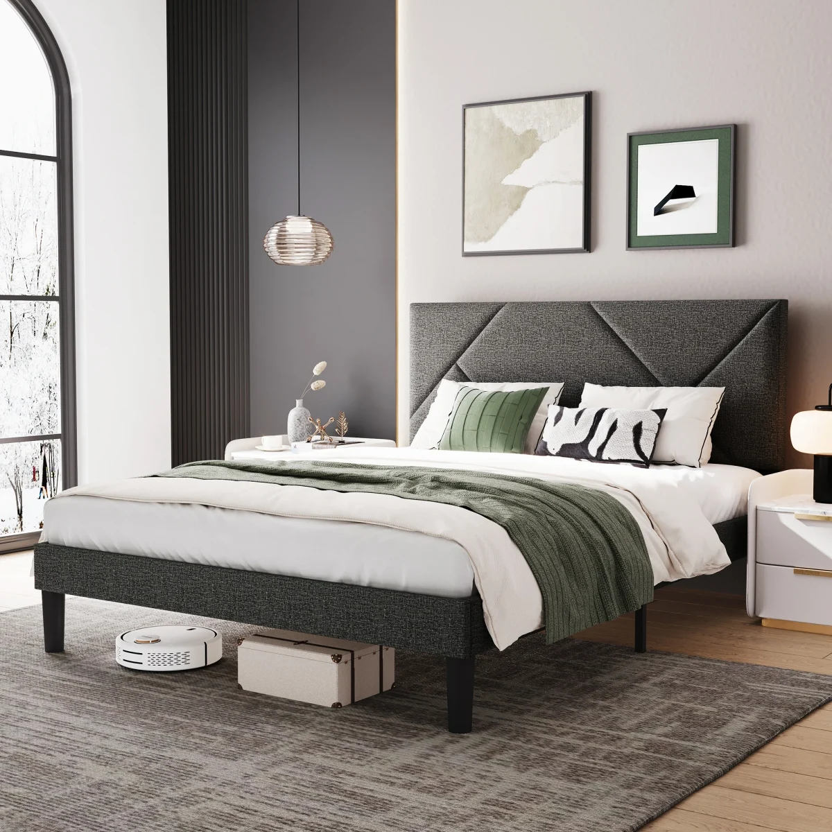 LINSY HOME Queen Bed Frame with Adjustable Headboard, Linen Upholster Bed Frame with Wooden Slats Support, NO Box Spring Needed - Image 1