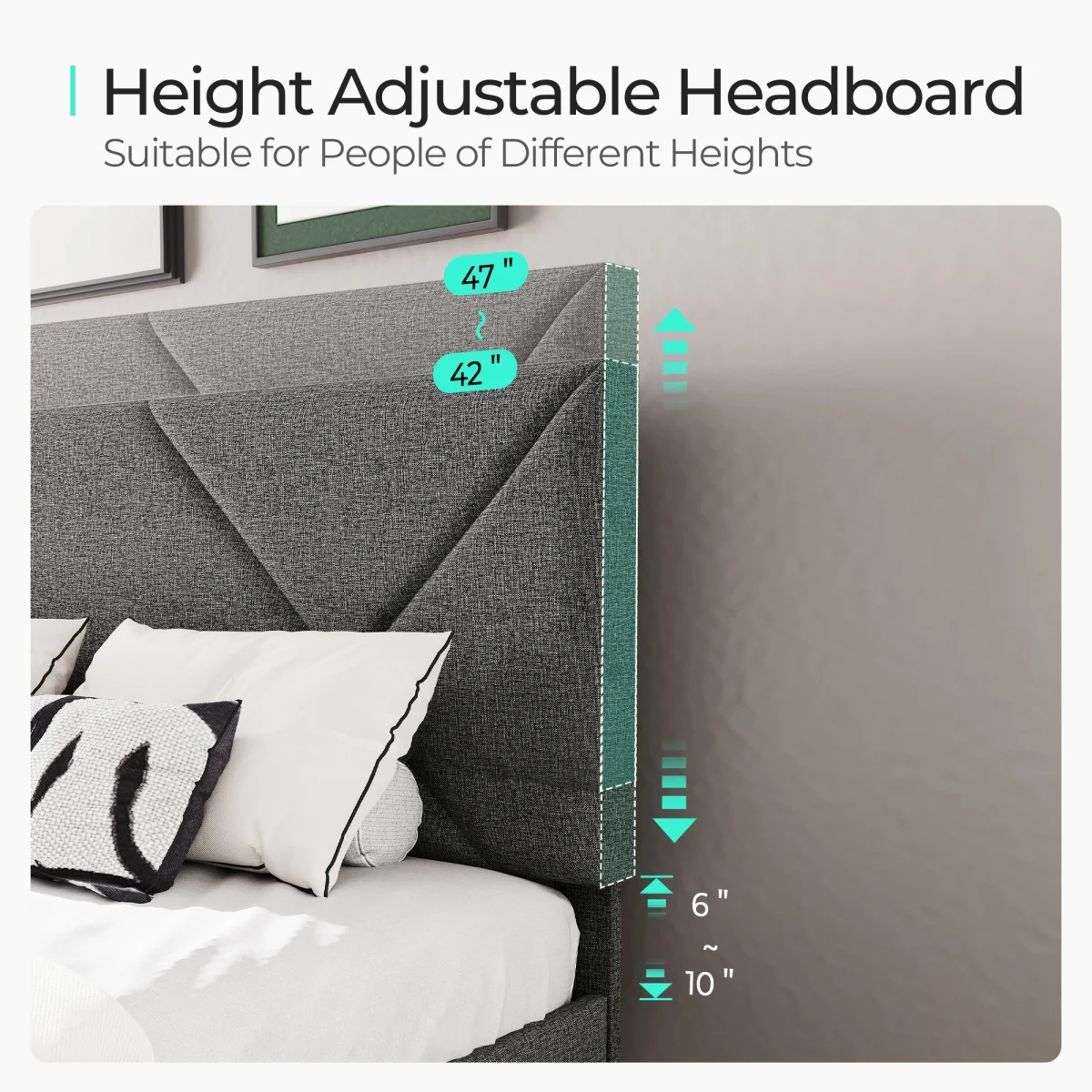 LINSY HOME Queen Bed Frame with Adjustable Headboard, Linen Upholster Bed Frame with Wooden Slats Support, NO Box Spring Needed - Image 3
