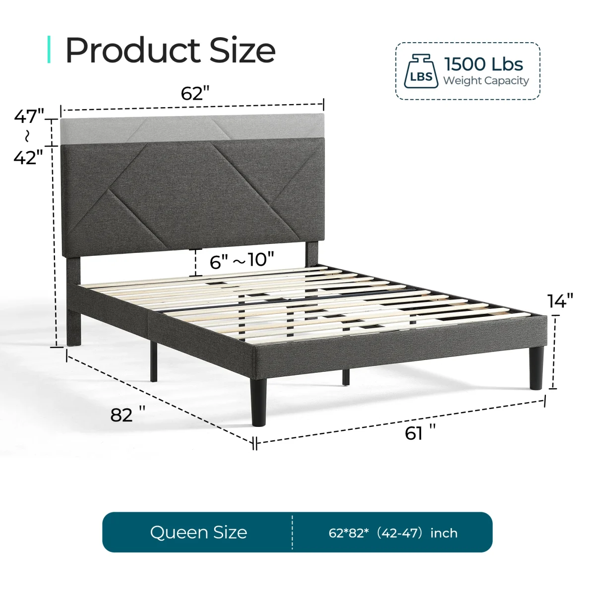 LINSY HOME Queen Bed Frame with Adjustable Headboard, Linen Upholster Bed Frame with Wooden Slats Support, NO Box Spring Needed - Image 6