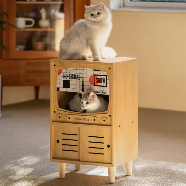 Mewoofun Cat TV House Wooden Cat Condo Cat Bed for Indoor Cats Sturdy Luxury Cat TV Furniture with Cat Scratcher Storage Space