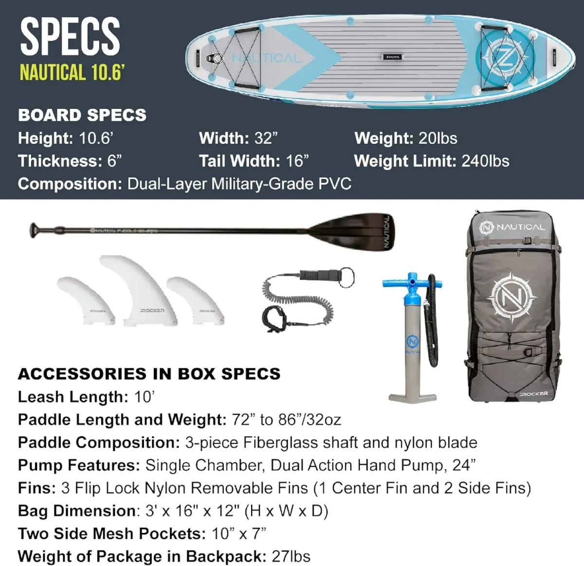 Nautical Inflatable Stand Up Paddle Board, Superb Maneuverability 10' Long 32 - Image 4