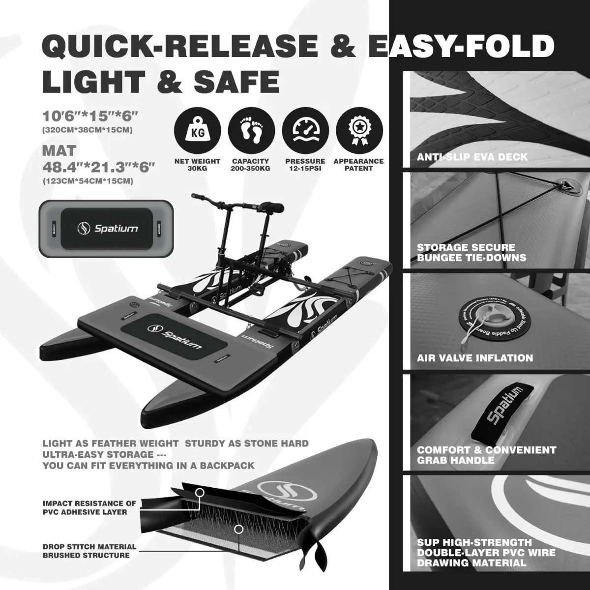 US/AU/ES Shipping Spatium Water Bikes Portable Inflatable Fishing Water Bike Pedal Bike Boats +Mat Water Sports For 1-2 People - Image 5