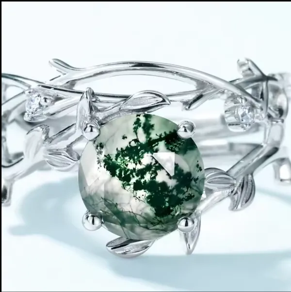 Fashion Jewelry Wholesale Fast Shipment Flowers Finger White Sterling Silver 925 Women Green Natural Moss Agate Middle Rings (Copy)