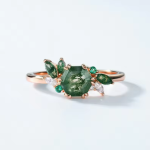 Custom 18k gold sterling silver crystal jewelry manufacturer Moss agate bridal wedding ring set - Image 3