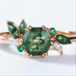 Custom 18k gold sterling silver crystal jewelry manufacturer Moss agate bridal wedding ring set - Image 2