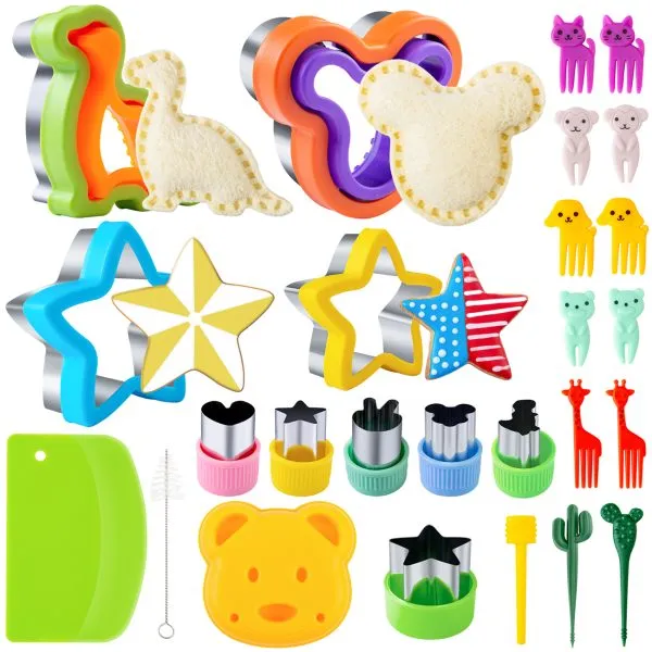 Sandwich Cutters for Kids Lunch LARGE 26 Pcs, Sandwich Maker, Cookie Cutters Set, Vegetable Fruit Cutters Shapes with Food Picks, Dinosaur Mouse Bear Star…