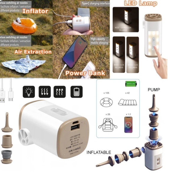 New 4 In 1 Power Bank Inflator Compressor LED Light Lamp Camping Outdoor Multifunctional Air Pump Lighting USB Charging Inflator
