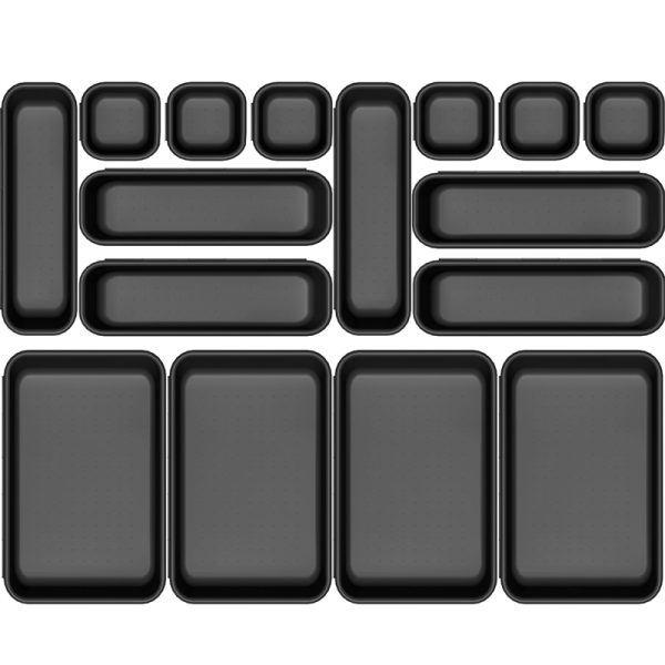 16pcs Desk Drawer Organizers, Versatile Bathroom and Vanity Drawer Organizer Trays, Storage Bins for Makeup, Bedroom, Kitchen Gadgets Utensils and Office (Black, 16pcs)