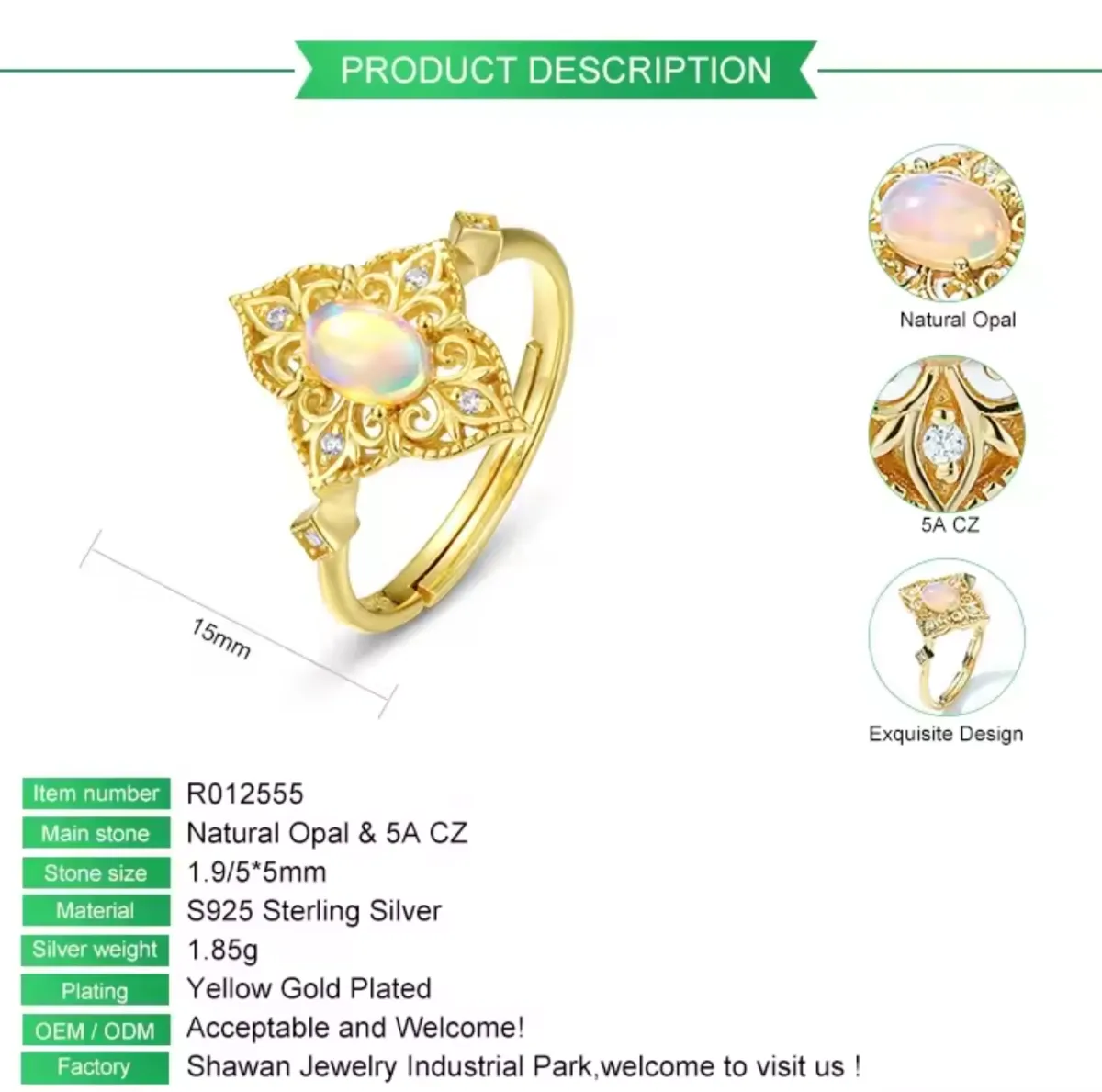 Fine Jewelry 5A CZ Gold Plated Solid 925 Sterling Silver Oval Shape Natural Opal Ring - Image 6