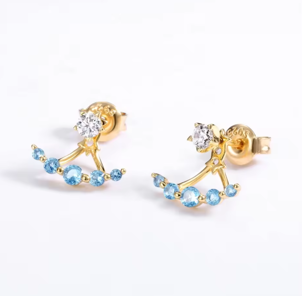 Gold multi cubic zirconia gemstone 925 silver front back star stud earrings - Image 3