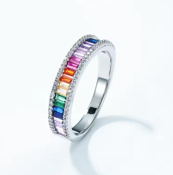 925 Silver Rainbow Cubic Zirconia CZ Ring Colorful Cubic Zircon Rainbow Ring Women Finger Ring